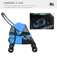PawHut Carrinho para Animais de Estimação Dobrável com Janela de Malha Almofada Lavável Arnês de Segurança 82x47x97cm Azul(m-4)