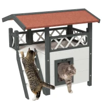 PawHut Kattenhuis Kattenhut Huisdierhut, met dak van asfalt, 2 verdiepingen, 1 ladder, Wit+Rood(m-10)