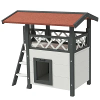 PawHut Kattenhuis Kattenhut Huisdierhut, met dak van asfalt, 2 verdiepingen, 1 ladder, Wit+Rood(m-1)