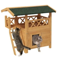 PawHut Kattenhuis Kattenhut Huisdierhut, met dak van asfalt, 2 verdiepingen, 1 ladder, natuurlijk + groen(m-10)