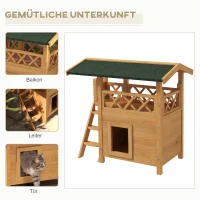 PawHut Kattenhuis Kattenhut Huisdierhut, met dak van asfalt, 2 verdiepingen, 1 ladder, natuurlijk + groen(m-4)
