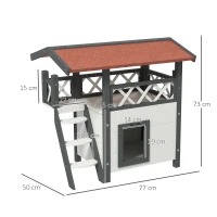 PawHut Kattenhuis Kattenhut Huisdierhut, met dak van asfalt, 2 verdiepingen, 1 ladder, Wit+Rood(m-3)