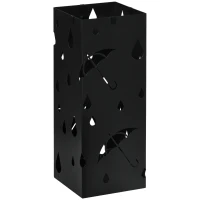 HOMCOM Steel Umbrella Stand, Square Umbrella Holder with 4 Hooks and Removable Drip Tray, Hollowed Umbrella Basket for Hallway, Black(m-1)