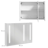 kleankin Armário Casa de Banho com Espelho e Luz LED com 3 Portas Prateleiras Ajustáveis e Interruptor Tátil 90x15x70 cm Branco Brilhante(m-3)
