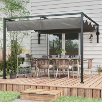 Outsunny Pergola Gazebo 3x4 m con Tettuccio Retrattile e Fori di Drenaggio, in Acciaio e Poliestere, Grigio(m-8)