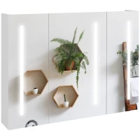 kleankin Armário Casa de Banho com Espelho e Luz LED com 3 Portas Prateleiras Ajustáveis e Interruptor Tátil 90x15x70 cm Branco Brilhante(m-11)