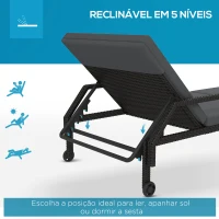 Outsunny Espreguiçadeira de Vime com Encosto Ajustável em 5 Posições Acolchoado e 2 Rodas 73x200x48 cm Cinza Escuro e Preto(m-4)