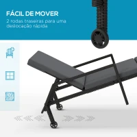 Outsunny Espreguiçadeira de Vime com Encosto Ajustável em 5 Posições Acolchoado e 2 Rodas 73x200x48 cm Cinza Escuro e Preto(m-5)
