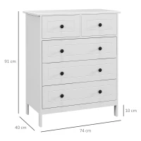 HOMCOM Cómoda de Dormitório com 5 Gavetas e Puxadores Cómoda Alta para Sala de Estar Estúdio Estilo Moderno 74x40x91 cm Branco(m-3)