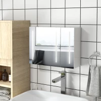 kleankin Armário Casa de Banho com Espelho e Luz LED com 3 Portas Prateleiras Ajustáveis e Interruptor Tátil 90x15x70 cm Branco Brilhante(m-2)