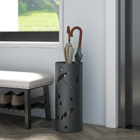 HOMCOM Freestanding Umbrella Stand for Hallway, Round Umbrella Basket with 4 Hooks and Drip Tray for Entryway, Dark Grey(m-2)