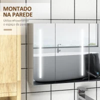 kleankin Armário Casa de Banho com Espelho e Luz LED com 3 Portas Prateleiras Ajustáveis e Interruptor Tátil 90x15x70 cm Branco Brilhante(m-5)