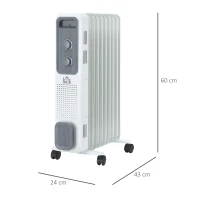 HOMCOM 2000W Oil Filled Radiator, 9 Fin, Portable Electric Heater with 3 Heat Settings, Safety Cut-Off and Wheels, White(m-3)