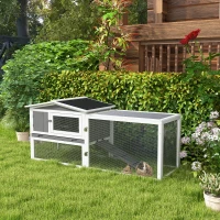 PawHut Rabbit Hutch with Run Wooden Guinea Pig Hutch Outdoor Bunny Cage Hide House with Sliding Tray, Hay Rack, Ramp, 156 x 58 x 68cm, Grey(m-2)