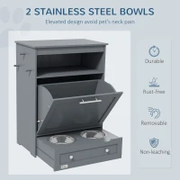 PawHut Pet Feeder Station, Dog, Cat Storage Container, with Raised Bowls, Hanger, Cabinet - Grey(m-4)