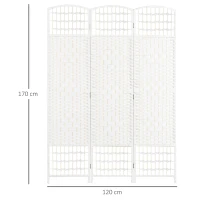 HOMCOM Biombo Separador de Ambientes de 3 Painéis 120x170 cm Divisória de Ambientes Dobrável com Corda de Papel e Estrutura de Madeira Branco(m-3)