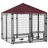 PawHut Parque para Cães com 8 Painéis 2 Suportes Giratórios para Comida 2 Tigelas e Toldo Impermeável 141x141x153 cm Preto e Vermelho(m-10)