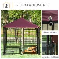 PawHut Parque para Cães com 8 Painéis 2 Suportes Giratórios para Comida 2 Tigelas e Toldo Impermeável 141x141x153 cm Preto e Vermelho(m-6)