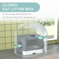 PawHut Enclosed Cat Litter Box with lid, Front Entry, Top Exit, Drawer, Tray, Scoop, Brush, 48.5 x 38 x 36.5cm - Grey(m-8)