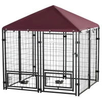 PawHut Parque para Cães com 8 Painéis 2 Suportes Giratórios para Comida 2 Tigelas e Toldo Impermeável 141x141x153 cm Preto e Vermelho(m-11)