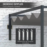 Outsunny Pérgola de Parede 297x211x220 cm Pérgola de Jardim com Teto Retrátil e Estrutura de Aço Pérgola para Pátio Exterior Cinza Escuro(m-4)