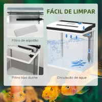 PawHut Aquário de Cristal de 13L Aquário Pequeno com Sistema de Filtração Iluminação LED e Bomba de Água 29x20x30,5 cm Branco(m-6)