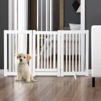 PawHut Barreira para Cães de Madeira Barreira para Animais de Estimação Dobrável de 3 Painéis com 1 Porta e Pés de Apoio 155x35,5x76 cm Branco(m-2)