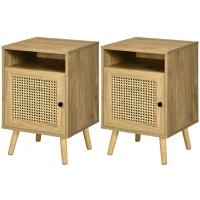 HOMCOM Bedside Table with Rattan Element, Side End Table with Shelf and Cupboard, 39cmx35cmx60cm, Set of 2, Natural(m-12)