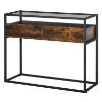 HOMCOM Tavolo Consolle da Ingresso e Soggiorno, Ripiano in Vetro, Mensola e 2 Cassetti, in Metallo e Legno, Nero e Marrone, 100x35x76cm(m-1)