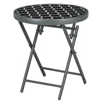 Outsunny Φ45cm Garden Side Table, Outdoor Round Folding Patio Table with Imitation Marble Glass Top, Small Coffee Table, Black and White(m-1)
