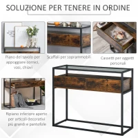 HOMCOM Tavolo Consolle da Ingresso e Soggiorno, Ripiano in Vetro, Mensola e 2 Cassetti, in Metallo e Legno, Nero e Marrone, 100x35x76cm(m-4)