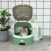PawHut 2 in 1 Cat Litter Box, with Drawer Pans, Scoop, Openable Cover - Green(m-8)