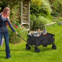 Outsunny Outdoor Folding Garden Trolley on Wheels, Capming Cargo Wagon Cart Trailer w/ Handle, Wheels for Beach Garden, Black(m-2)