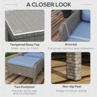 Outsunny 5 Pieces PE Rattan Garden Furniture Set, Wicker Outdoor Sofa Set w/ 2 Armchairs 2 Stools Glass Top Table Cushions, Blue(m-6)