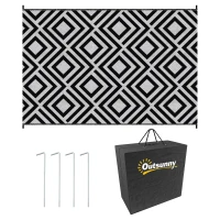 Outsunny Reversible Outdoor Rug, Plastic Straw Mat w/ Carry Bag Ground Stakes for Garden RV Picnic Beach Camping 182x274cm Black(m-11)