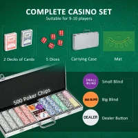 SPORTNOW 500-Piece Poker Chips Set, Poker Set with Mat, Chips, Two Card Decks, Dealer, Five Dices(m-4)