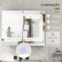 kleankin Armário Casa de Banho com Espelho e Luz LED Interruptor Tátil e Cor da Luz Ajustável 80x15x65 cm Branco Brilhante(m-4)
