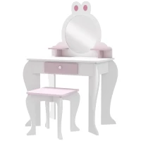 ZONEKIZ Bunny-Design Kids Dressing Table, with Mirror and Stool - White and Pink(m-1)
