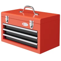 DURHAND Cassetta Porta Attrezzi con 3 Cassetti e Vano Superiore in Acciaio con Maniglia, 45x24x27cm, Rosso(m-1)