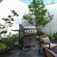 Outsunny 4 Burner Gas BBQ Grill Outdoor Portable Barbecue Trolley w/ Warming Rack, Side Shelves, Storage Cabinet, Thermometer(m-2)