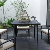 Outsunny Square Garden Table, Outdoor Dining Table for 4 with Marble Effect Tempered Glass Top and Steel Frame for Patio, Black(m-8)
