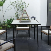 Outsunny Square Garden Table, Outdoor Dining Table for 4 with Marble Effect Tempered Glass Top and Steel Frame for Patio, White(m-8)