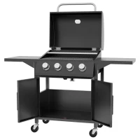 Outsunny 4 Burner Gas BBQ Grill Outdoor Portable Barbecue Trolley w/ Warming Rack, Side Shelves, Storage Cabinet, Thermometer(m-1)