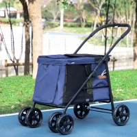 PawHut Dog Pram Dog Stroller 4 Wheels Pet Pushchair with Rolling Door, Cushion, Safety Leashes, for Small and Medium Dogs, Dark Blue(m-10)