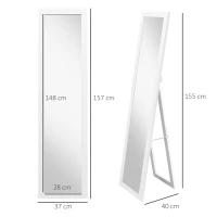 HOMCOM Oglindă cu Ramă din MDF, Picioare și Cârlige pentru Utilizare pe Podea sau pe Perete, 37x40x155 cm, Alb(m-3)