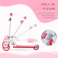 HOMCOM Patinete para Niños +3 Años Plegable Patinete Scooter con 2 Ruedas LED Manillar Altura Ajustable y Freno Posterior Carga 50 kg 61x32,3x67-77 cm Rosa y Blanco(m-5)