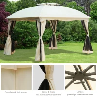 Outsunny Cenador de Jardín 3x3,7x2,8 m Gazebo Pabellón de Exterior con Techo 4 Paredes Laterales 4 Mosquiteras Gancho y Marco Metálico para Patio Crema(m-6)