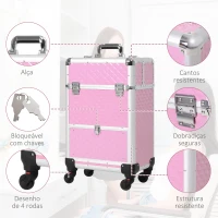 HOMCOM Mala de Maquilhagem Profissional com Gaveta Mala de Maquilhagem com Rodas para Viagem Trabalho 34x25x62 cm Rosa(m-4)
