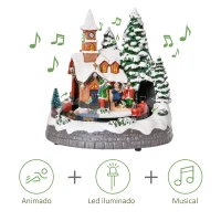 HOMCOM Pueblo Navideño Escena Navideña Iluminado con Luces LED Árbol de Navidad Música y Tren Móvil Decoración Navideña sobre Mesa 19,3x17,9x20,2 cm Multicolor(m-7)