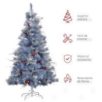 HOMCOM Árbol de Navidad Artificial 150 cm con 222 Ramas Ignífugas 36 Sets de Bayas Decorativas y Hojas Plateadas Árbol de Pino Navideño con Base Plegable Soporte de Metal Gris(m-7)